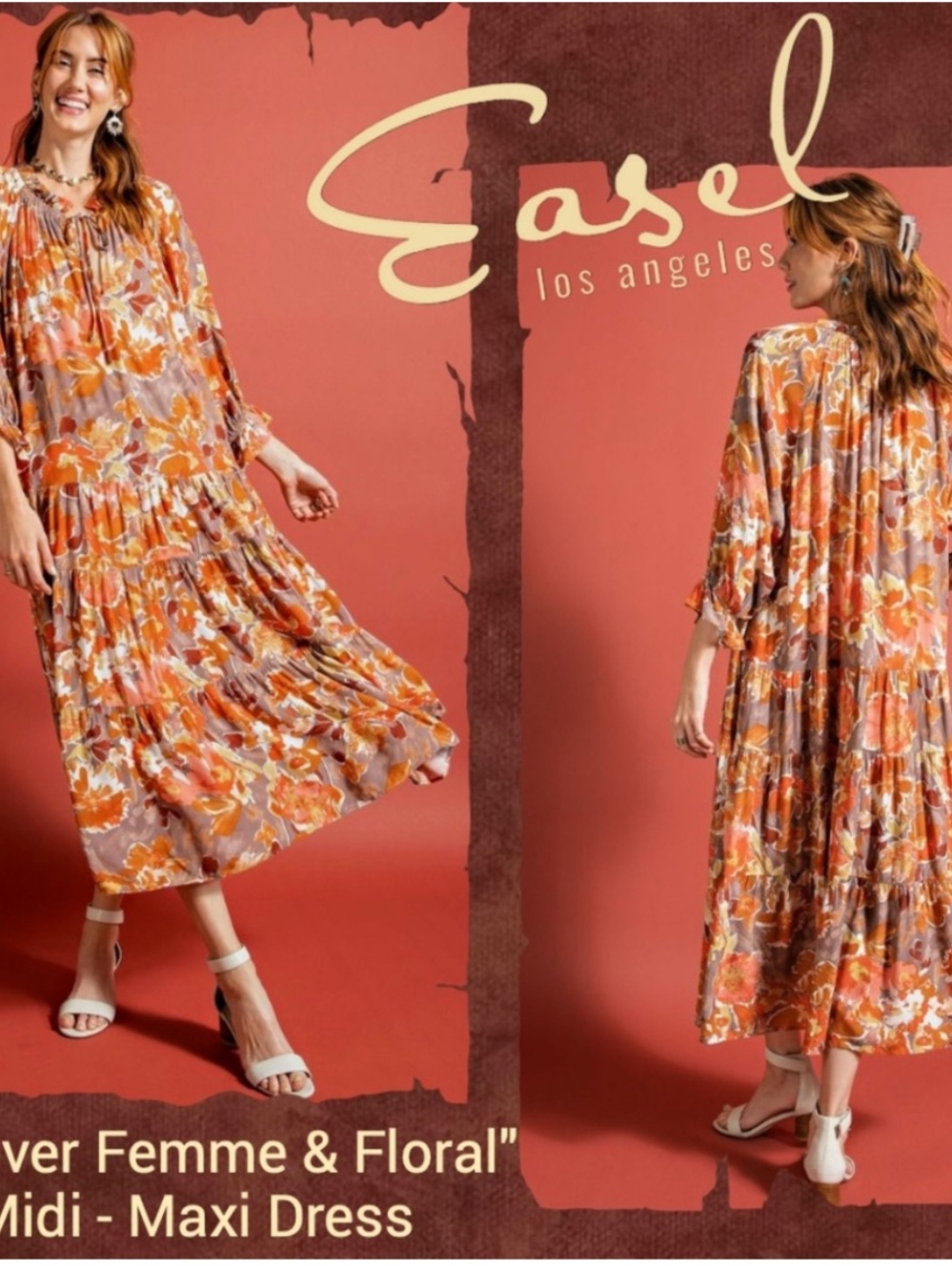 Easel Forever femme & floral Orange Tiered Maxi Dress